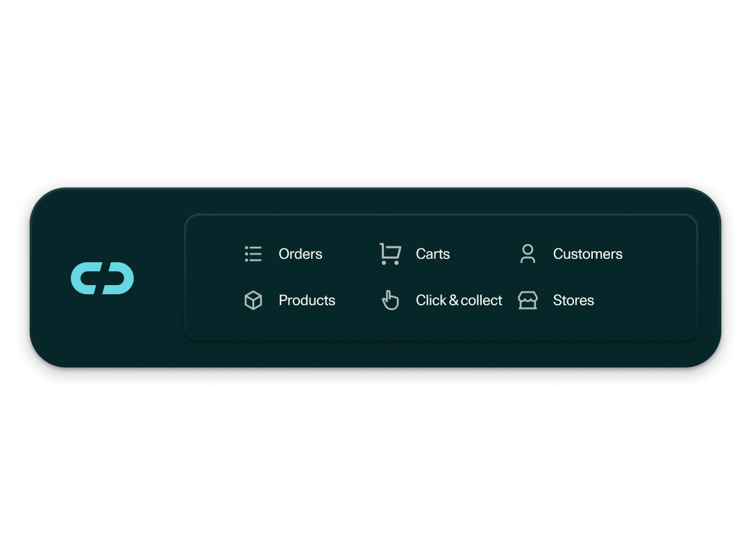 Unified e-commerce operational hub with orders, carts, customers, products, click & collect, and stores