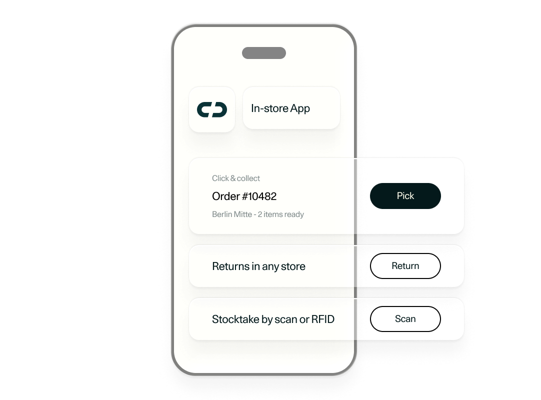 Omnium In-store app showing click & collect orders, returns, and stocktake actions