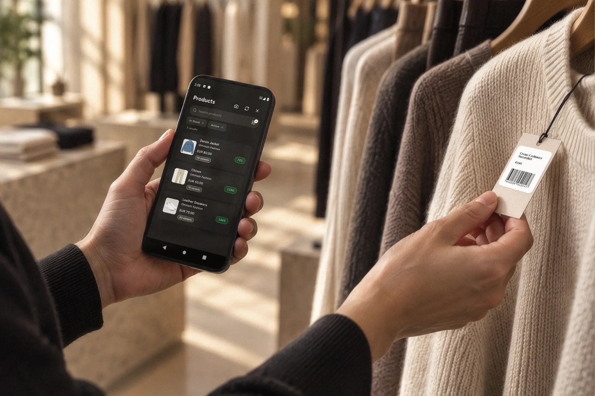 Store staff checking product stock in the Omnium In-Store app