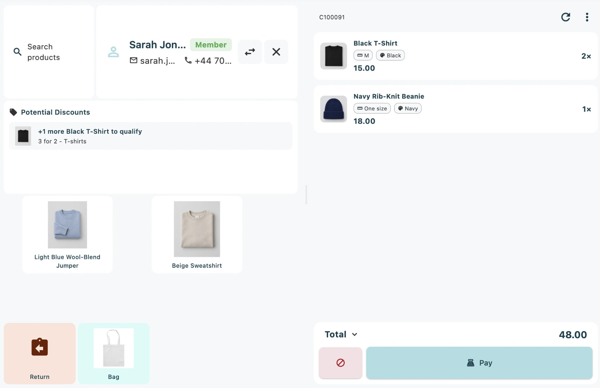 Omnium POS showing a sale in progress, with two black T-shirts and a navy beanie in the cart and a total of 48.00
